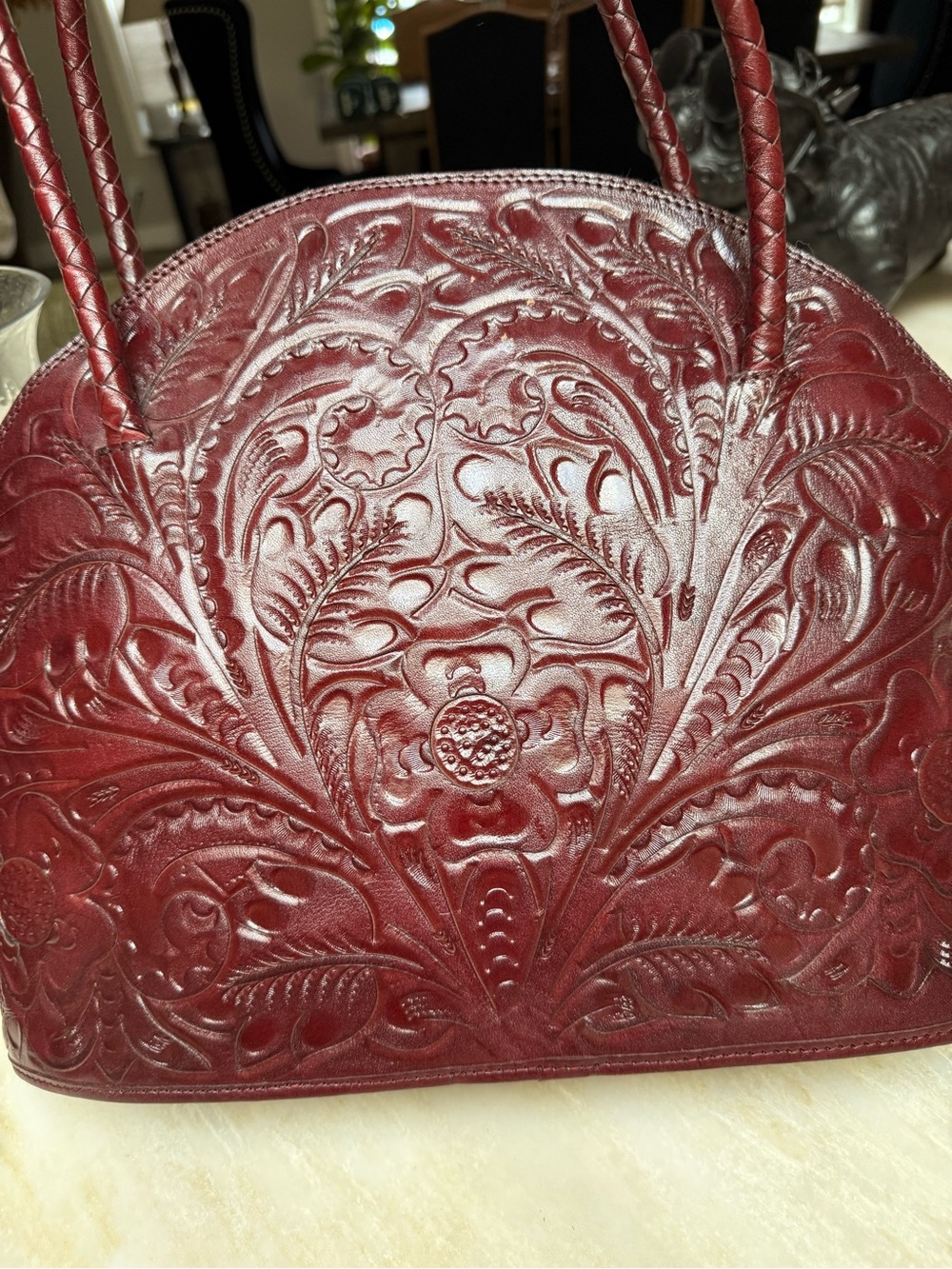 Embossed Floral Dome Satchel - Burgundy